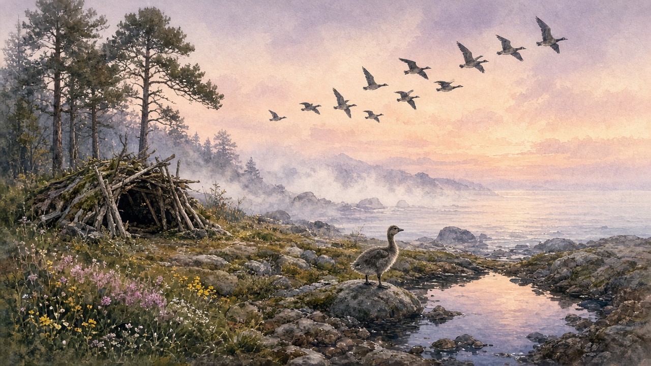 A watercolor-style island shoreline at dawn with pines, wildflowers, a driftwood shelter and a lone gosling on a rock watching a flock of geese fly across a pink sky