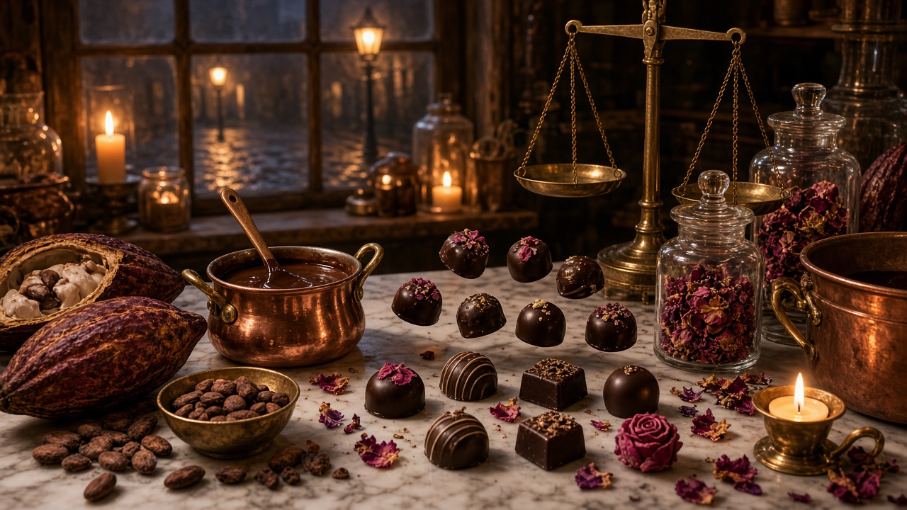 A candlelit Victorian confectioner's workbench with copper pots of melted chocolate, glossy bonbons on marble, cacao pods, cocoa beans, brass scales and jars of dried petals