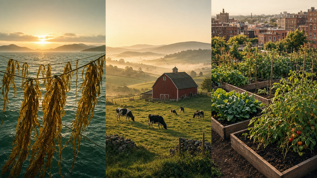 A three-panel landscape of kelp drying on ropes over the sea at sunrise, a red barn with grazing cows in misty pasture, and raised vegetable beds in a city community garden