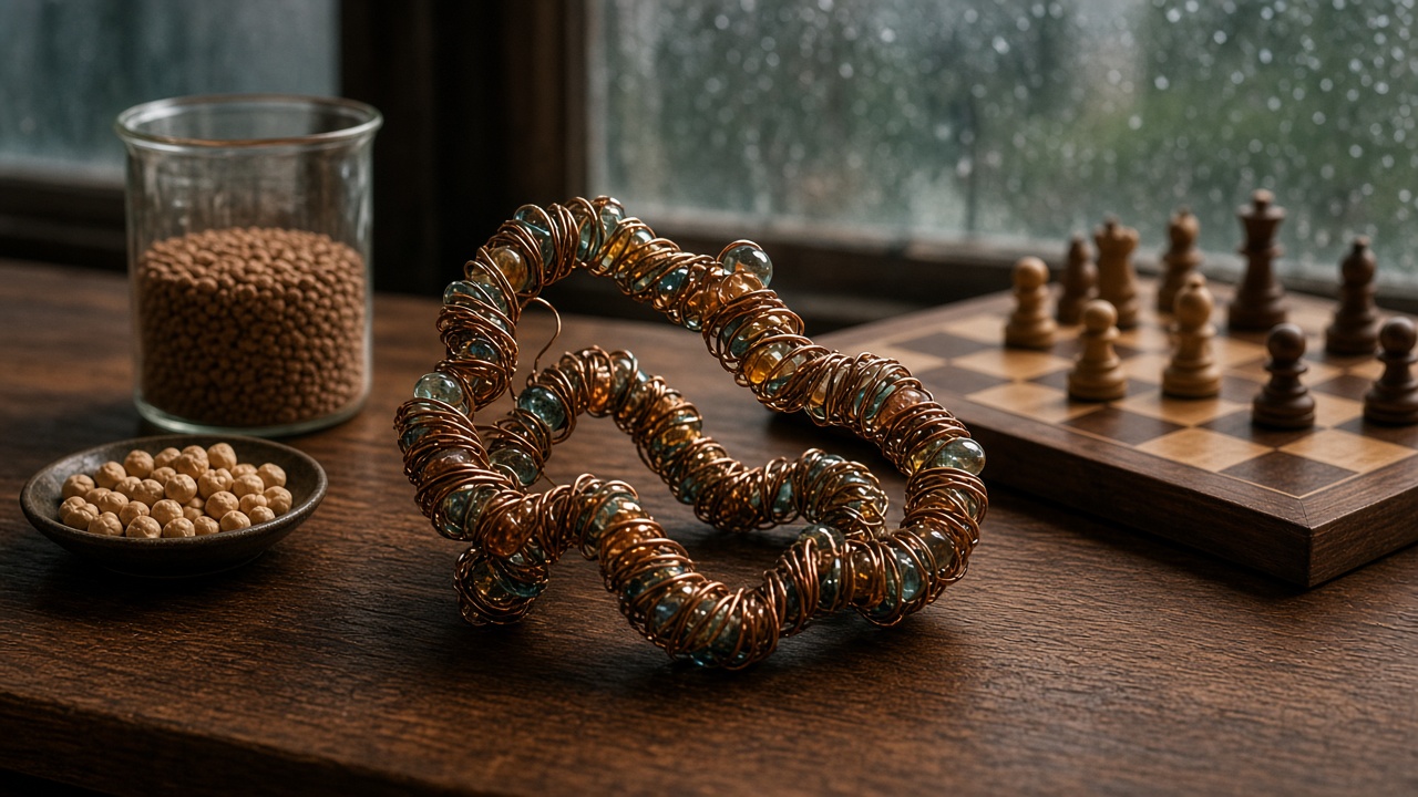 A protein-like sculpture of twisted copper wire and colored beads on a wooden table beside a jar of lentils, a dish of chickpeas and a chessboard, with rain on the window