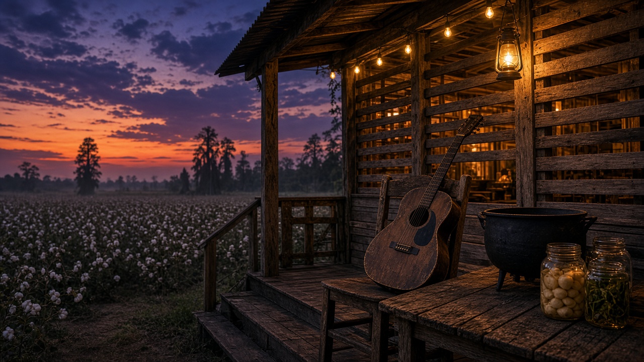 The porch of a rustic wooden juke joint at dusk with string lights, an acoustic guitar on a chair, a cast iron pot and jars on a table, and cotton fields under a purple and orange sky