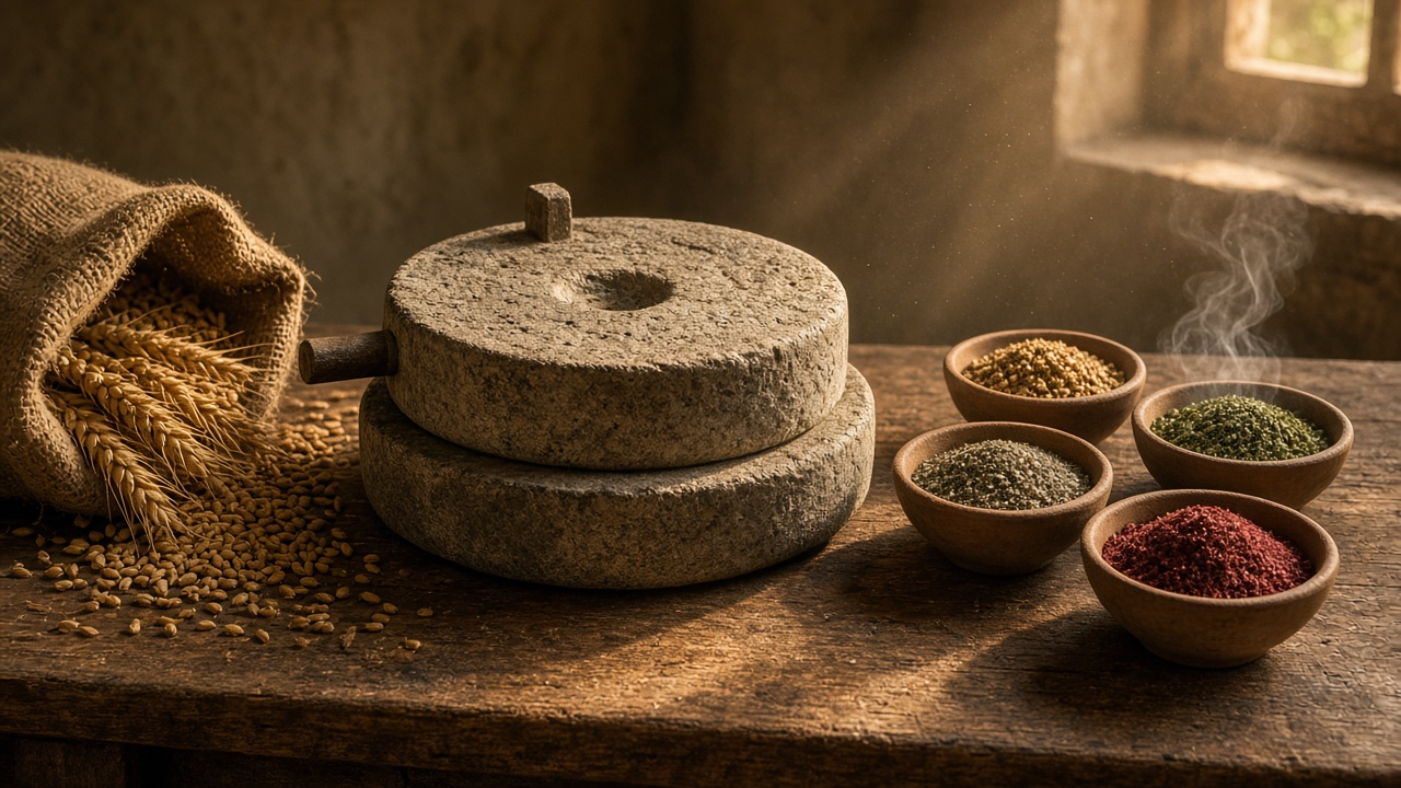A stone hand mill on a rustic wooden table beside a burlap sack spilling wheat grains and stalks, with four clay bowls of freekeh, za'atar, dried herbs and red sumac in warm window light