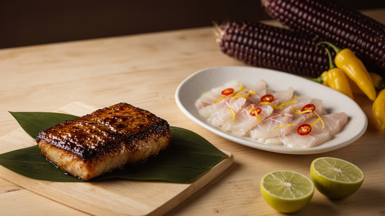 A miso-glazed black cod fillet on a leaf-lined wooden board next to a plate of thinly sliced white fish sashimi with red chili and yuzu zest, with purple corn, yellow peppers and halved limes