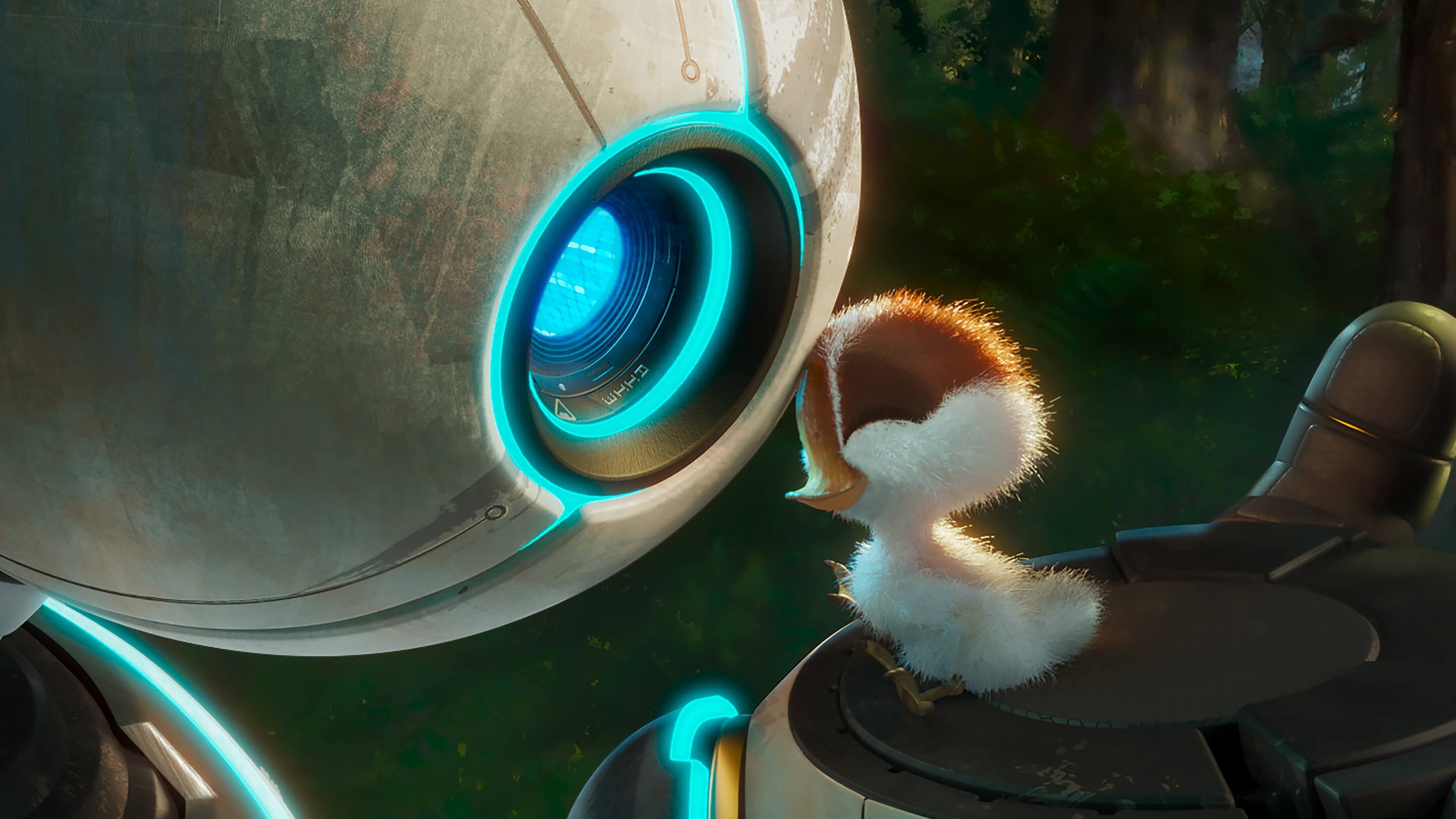The robot Roz looks at a tiny gosling standing on its hand in a still from The Wild Robot.