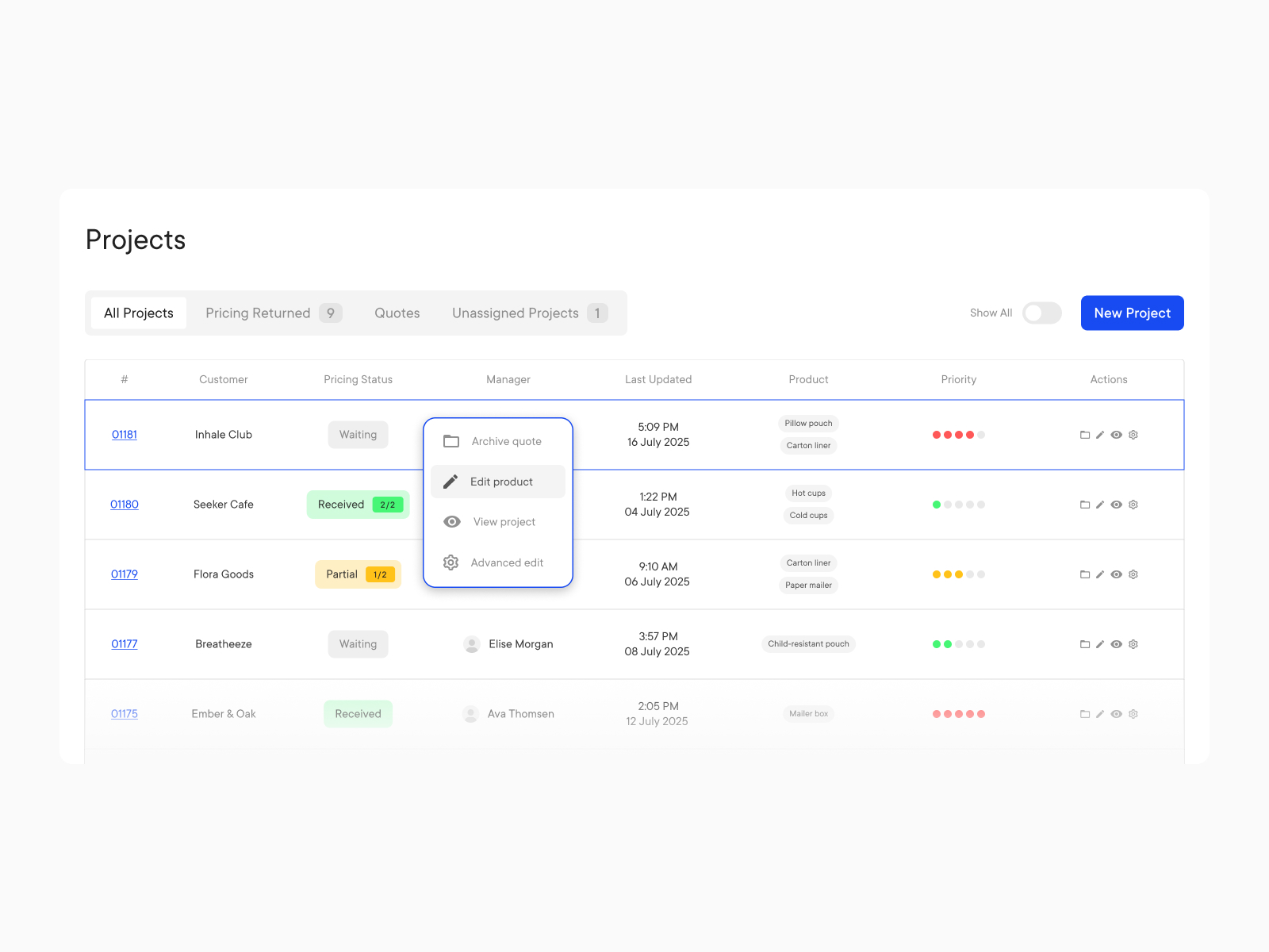 project dashboard ui