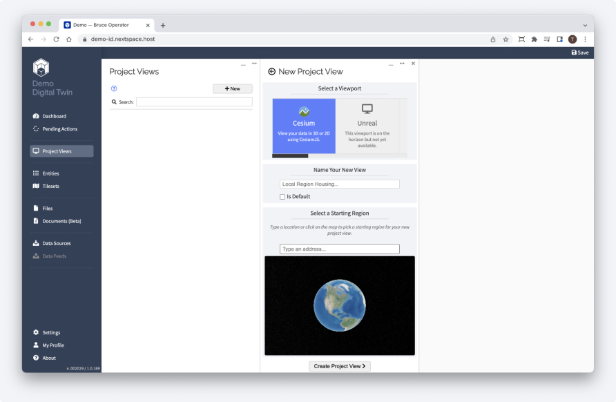 Web app interface for creating a new Digital Twin project view, showing options to select Cesium or Unreal, name the view, and choose a starting region with a globe preview.
