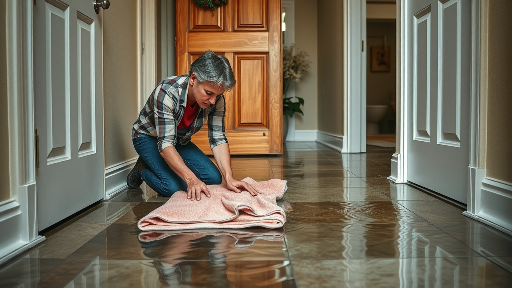 Homeowner blocking water spread with towels during plumbing emergency, water encroaching from bathroom, photorealistic