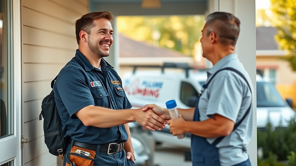 Professional plumber shaking hands with homeowner after emergency plumbing service, friendly, reliable, trusted, photorealistic