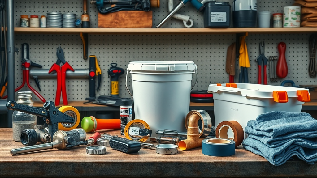 Array of essential plumbing emergency supplies on workbench: pipe wrench, flashlight, towels, plumber's tape, bucket, for plumbing emergencies, photorealistic