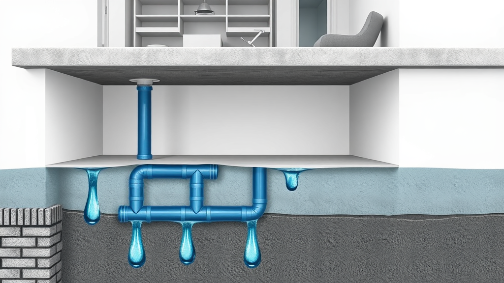 Cross-section diagram of a house foundation showing leaking pipes under a concrete slab; educational style, visible drips and pipe damage, technical illustration beneath a modern home interior, with crack and water droplets, realistic details, cool blues and grays, even diffuse lighting, tilt-shift lens effect.