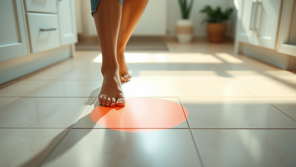 Photorealistic top-down view of a bare foot stepping onto a warm spot on a tiled floor, curious expression, leaning down to touch the floor, bright kitchen sunlight, visible steam rising, soft depth of field, high realism.