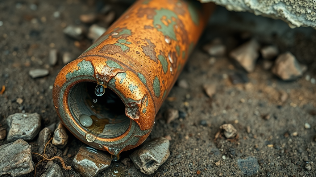 Close-up view of a corroded copper pipe beneath a slab foundation, pipe surface flaking and leaking water droplets, moist earth, concrete chunks, highly detailed macro view, realistic wet textures, green-blues, ochres, macro lens effect.