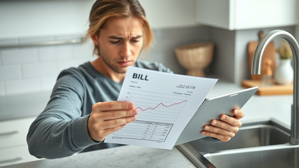 Modern kitchen countertop with a worried homeowner reviewing a recently received water bill, open bill paper, digital tablet with rising graph, plumbing under sink, sharp focus, crisp textures, cool neutrals, hint of red for alert, natural diffused lighting.