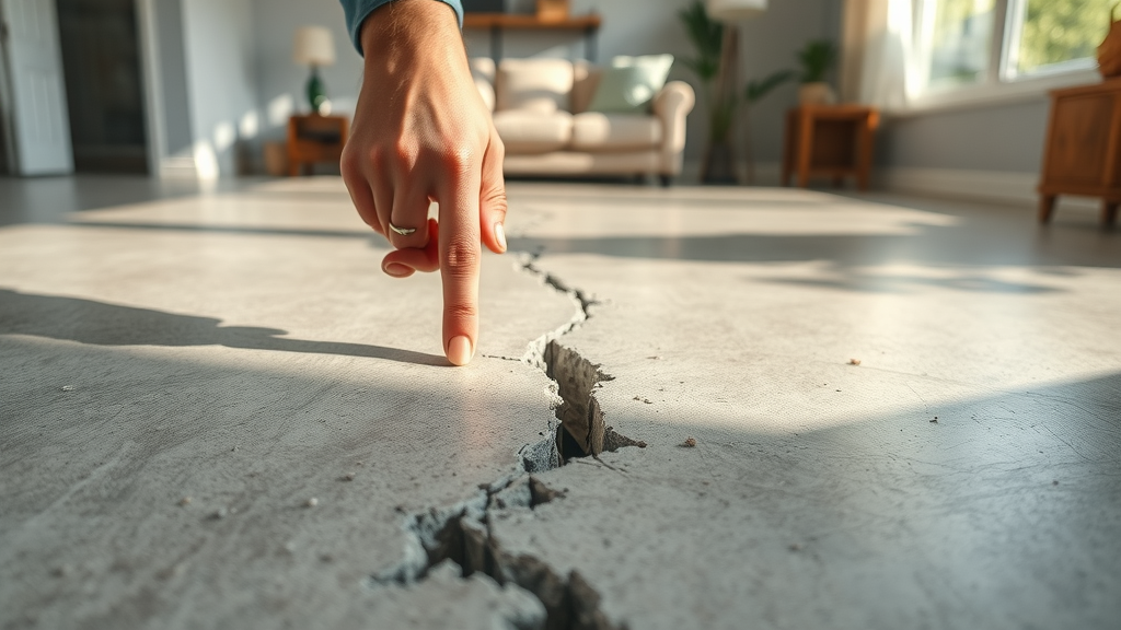 Highly realistic macro view of a fresh, jagged crack running through an interior concrete slab floor, anxious homeowner pointing to the crack, sunlit living room, visible loose cement, strong textural contrast, sharp shadows, raw realism.