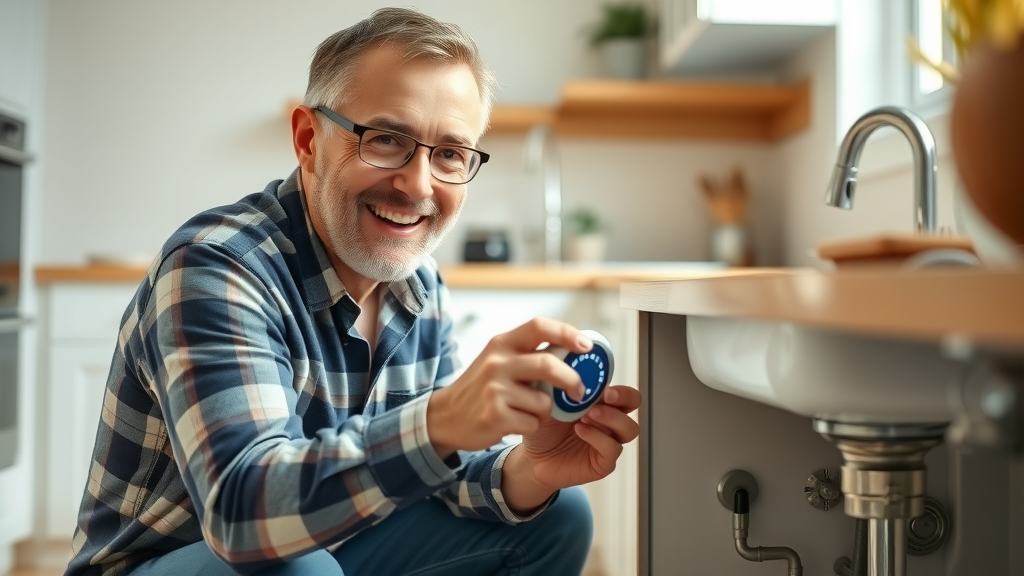 Homeowner happily checking newly installed leak detector under kitchen sink, modern pipe leak detection solution, indicator lights visible, bright kitchen, photorealistic