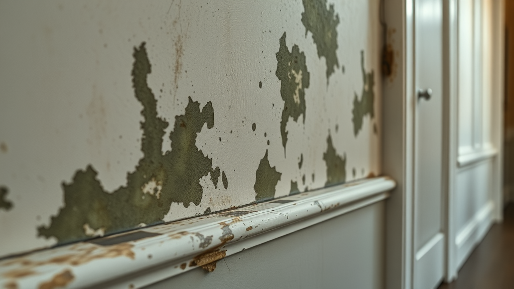 Visible mold damage on a residential wall with water stains and peeling paint, showing water leak effects, macro detailed texture, pipe leak detection context