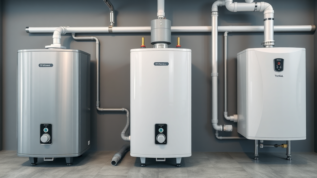 Three water heater units: traditional, heat pump, tankless—side-by-side water heater installation comparison