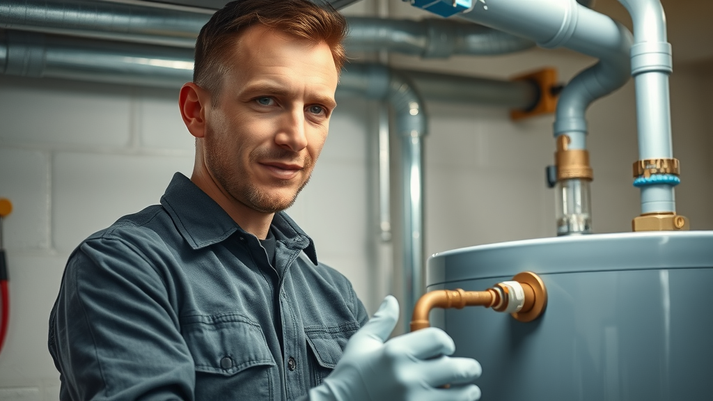 Experienced technician connecting pipes to new 50-gallon gas water heater - pump water heater installation