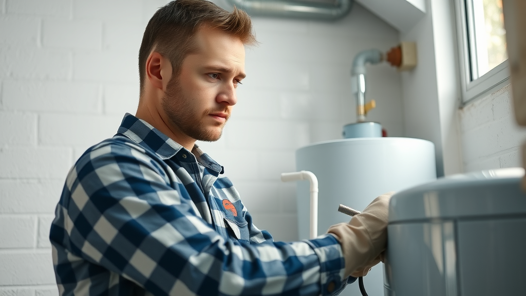 Professional plumber installing modern water heater - water heater installation