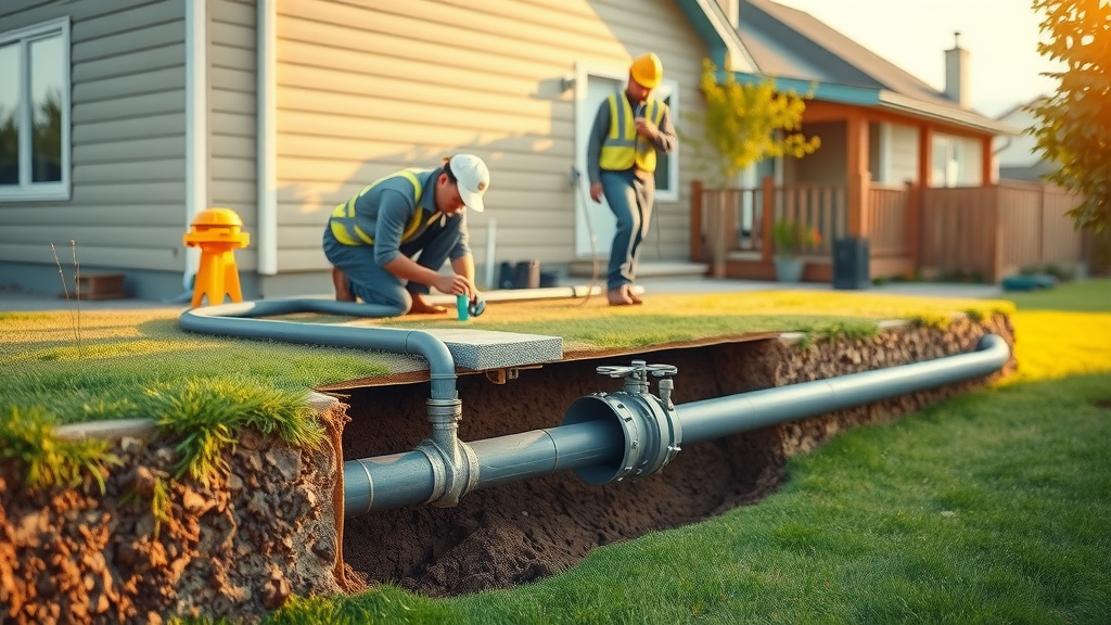 Cutaway diagram of residential gas line system—underground pipe leading to house, photorealistic, engaged technician inspecting pipeline in a suburban backyard, clear details, high texture and natural lighting.