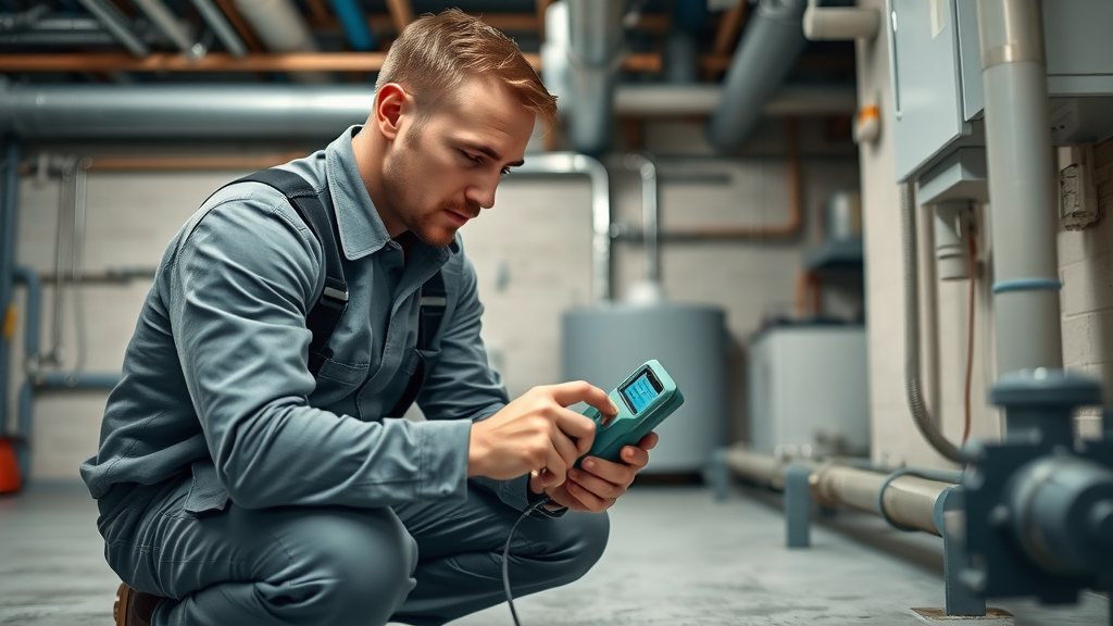 Professional plumber using leak detection equipment by residential gas line in finished basement—handheld detector, photorealistic, realistic lighting and high-detail textures.