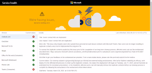 Check if Outlook is down screen