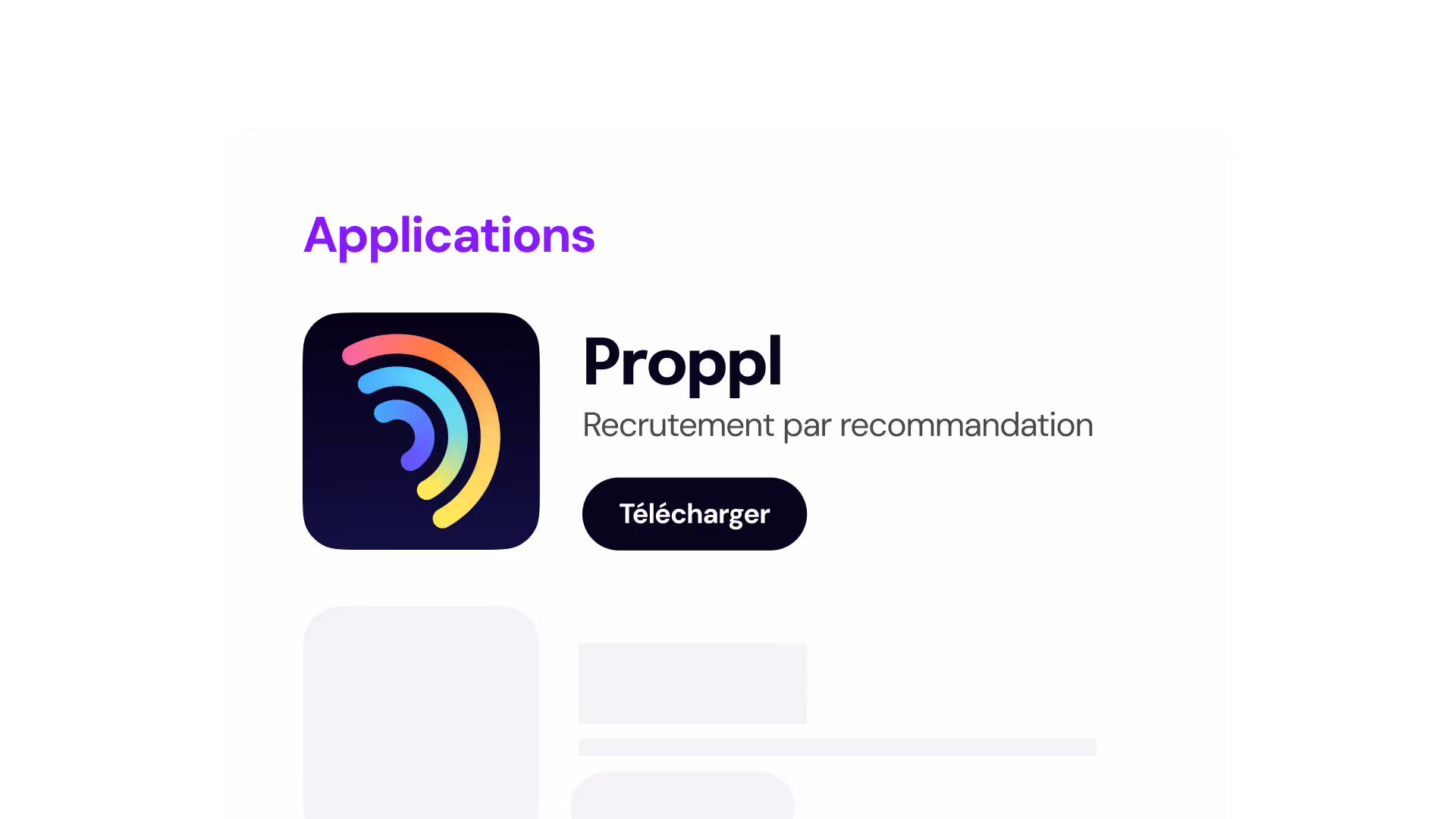 Icône d'application colorée avec arcs en couleur et texte ProppL, recrutement par recommandation, bouton Télécharger.