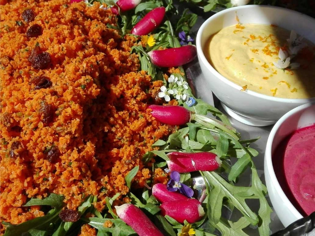 Repas végétarien avec des carottes, des radis et de la salade.