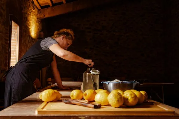 Préparation de kéfir de citron durant une formation lactofermentation et kéfir à Permaterra.