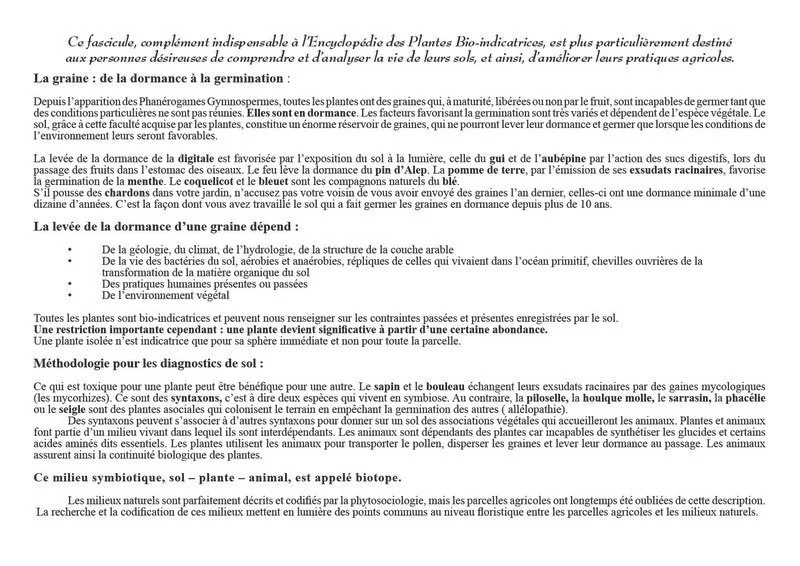 Page du fascicule des conditions de levée de dormance des plantes bio-indicatrices de Gérard Ducerf.