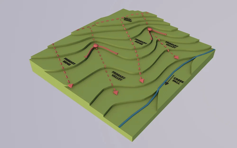 Schéma qui montre un paysage en relief et en pente. Il y a des flèches qui indiquent le ruissellement de l'eau grâce au keyline design.
