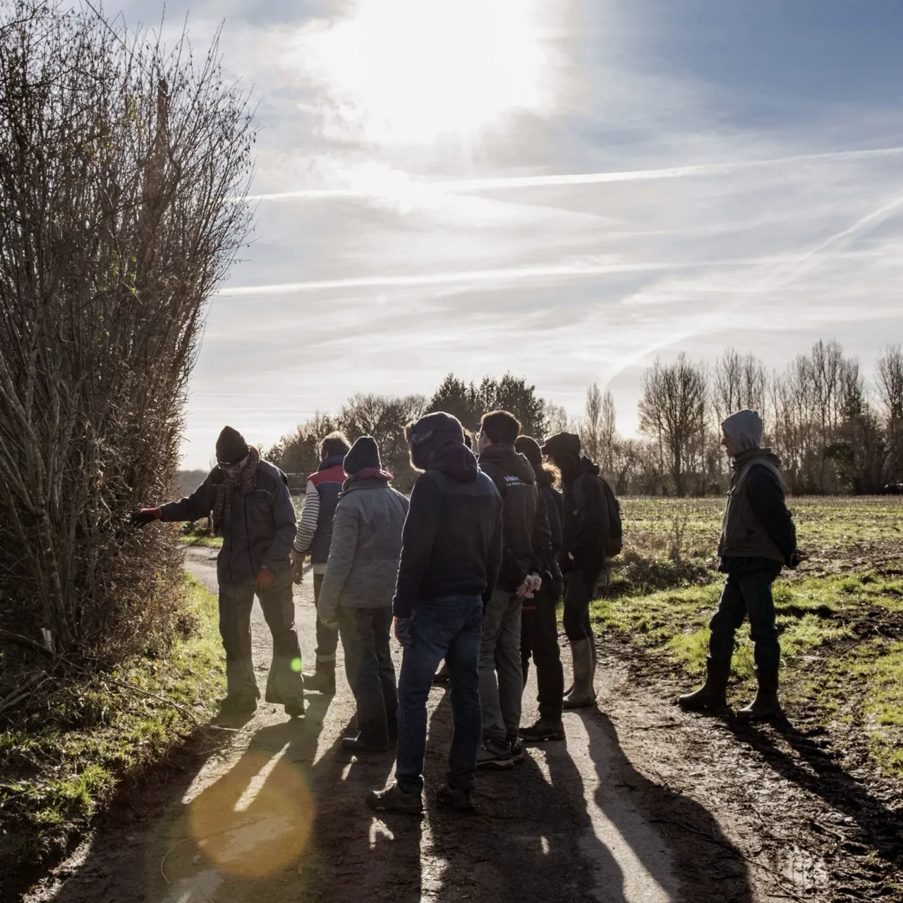 Groupe de participants en formation pratique extérieure autour du formateur. Stage terrain production de semences potagères et agroécologie.