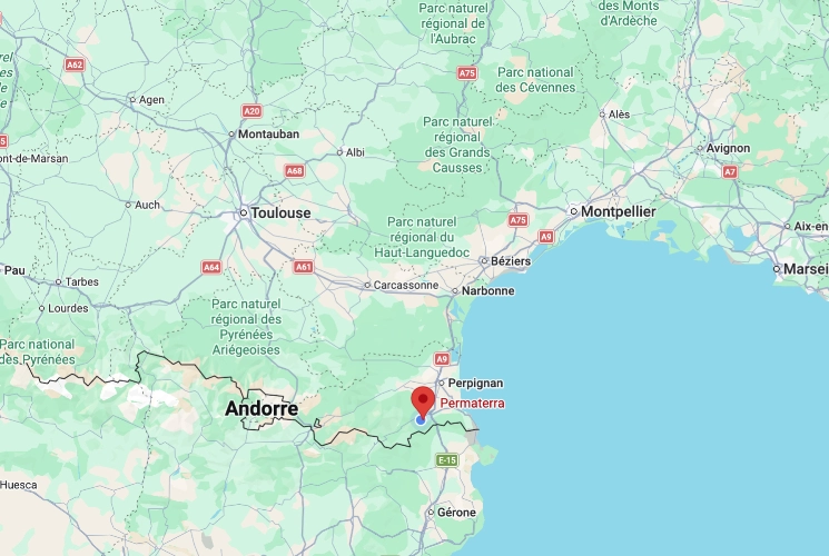 Carte de localisation de Permaterra au Mas Alavall, Céret, entre Perpignan et la frontière espagnole.