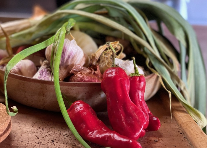 Récolte du potager : poivrons rouges, ail et poireaux frais cueillis au Mas Alavall, Céret.