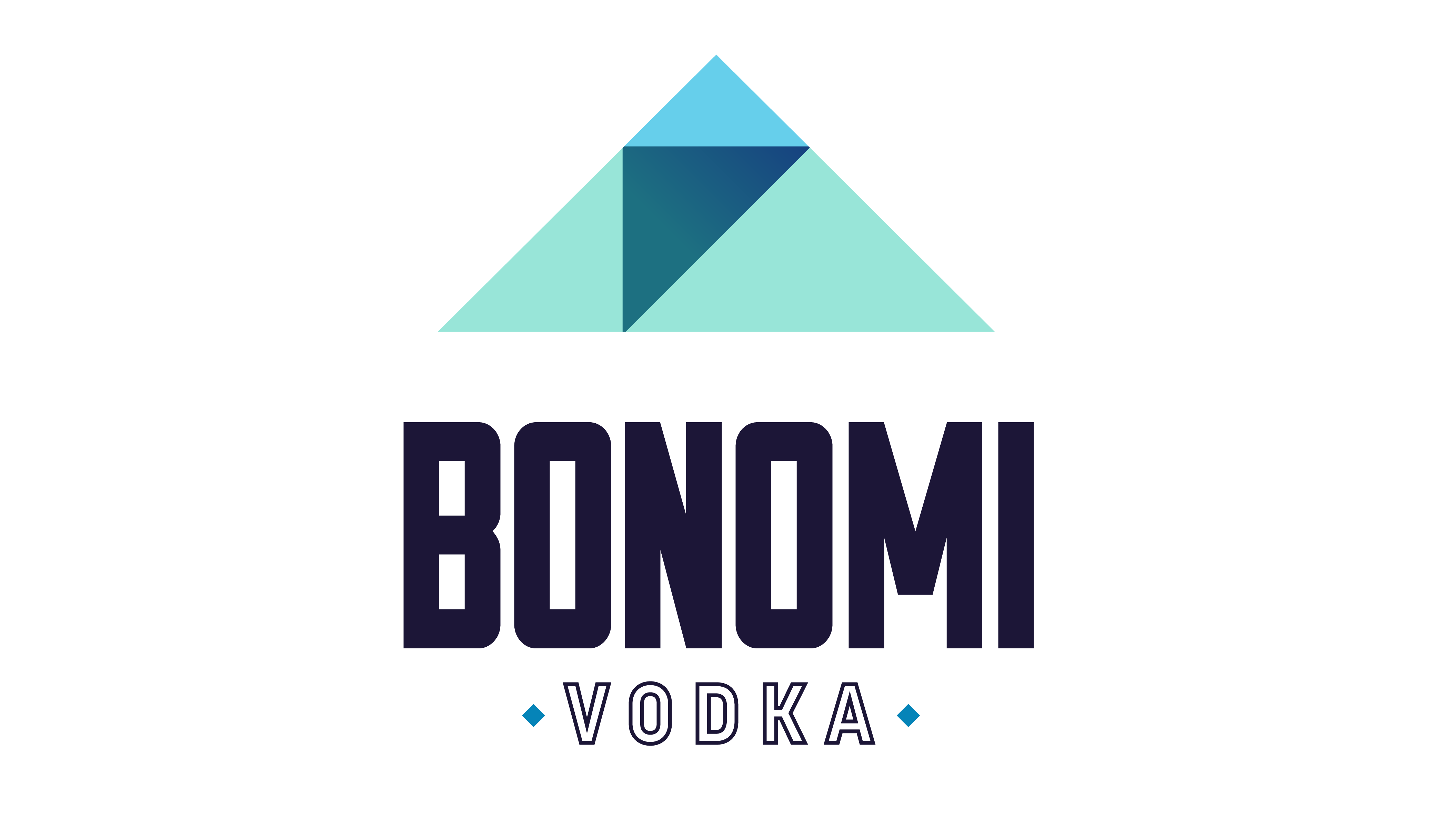 The Bonmi vodka logo, featuring a stylized triangular design with blue and green geometric shapes above the bold text "BONMI" and smaller "VODKA" text below.