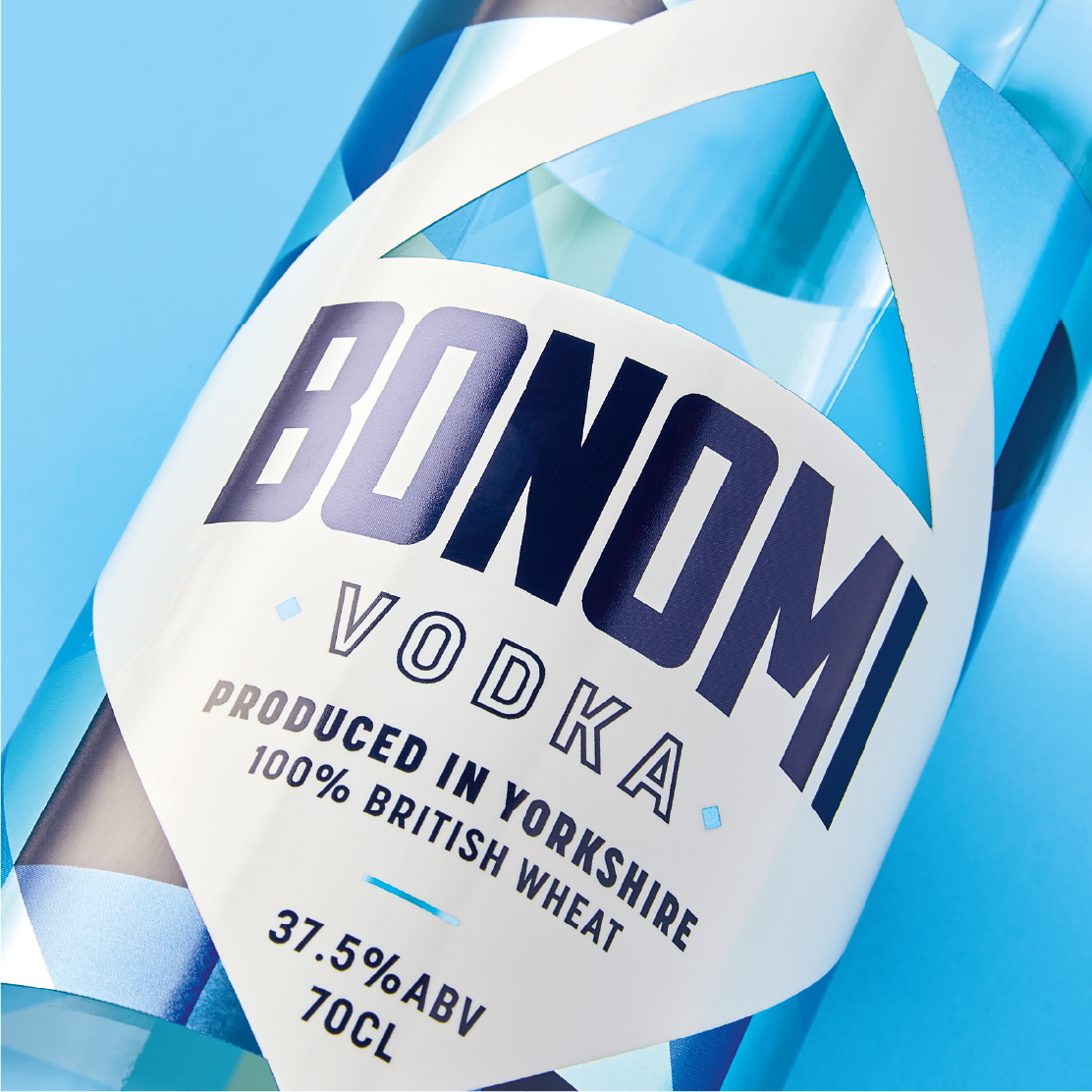 A bottle of Bonmi vodka with a label indicating it is produced in Sweden, featuring 37.5% ABV and a volume of 70cl.