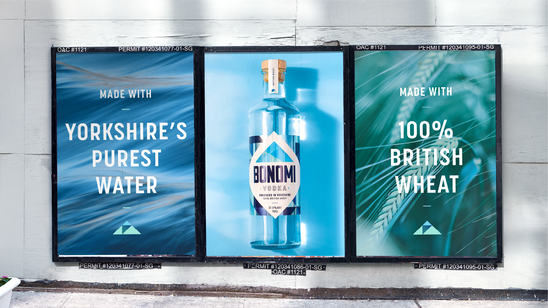 Triple-panel ad display featuring Bonomi Vodka branding and bottle design.