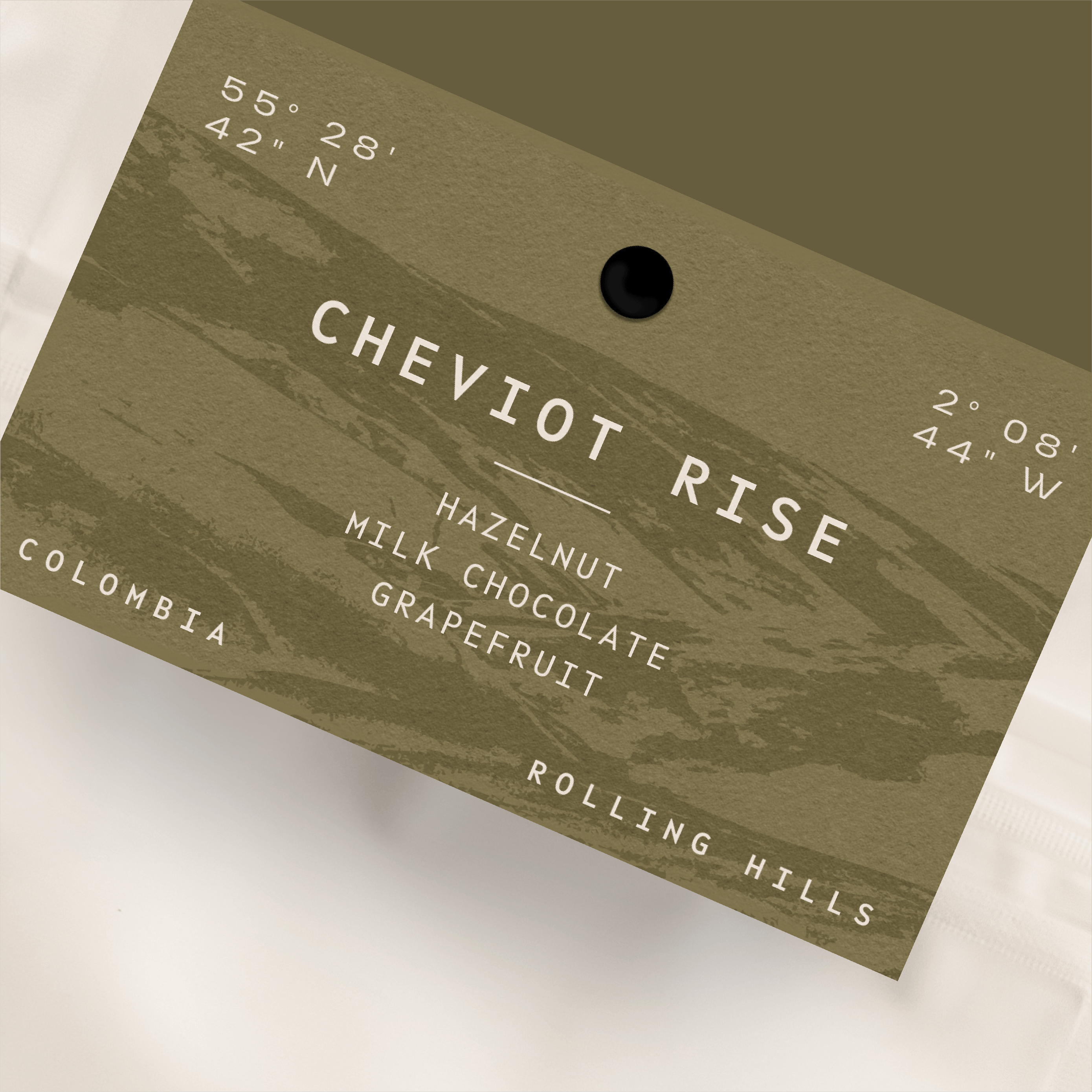 A rectangular, olive-green business card for Cheviot Rise with white text, featuring the brand name, contact details, and a minimalist logo.