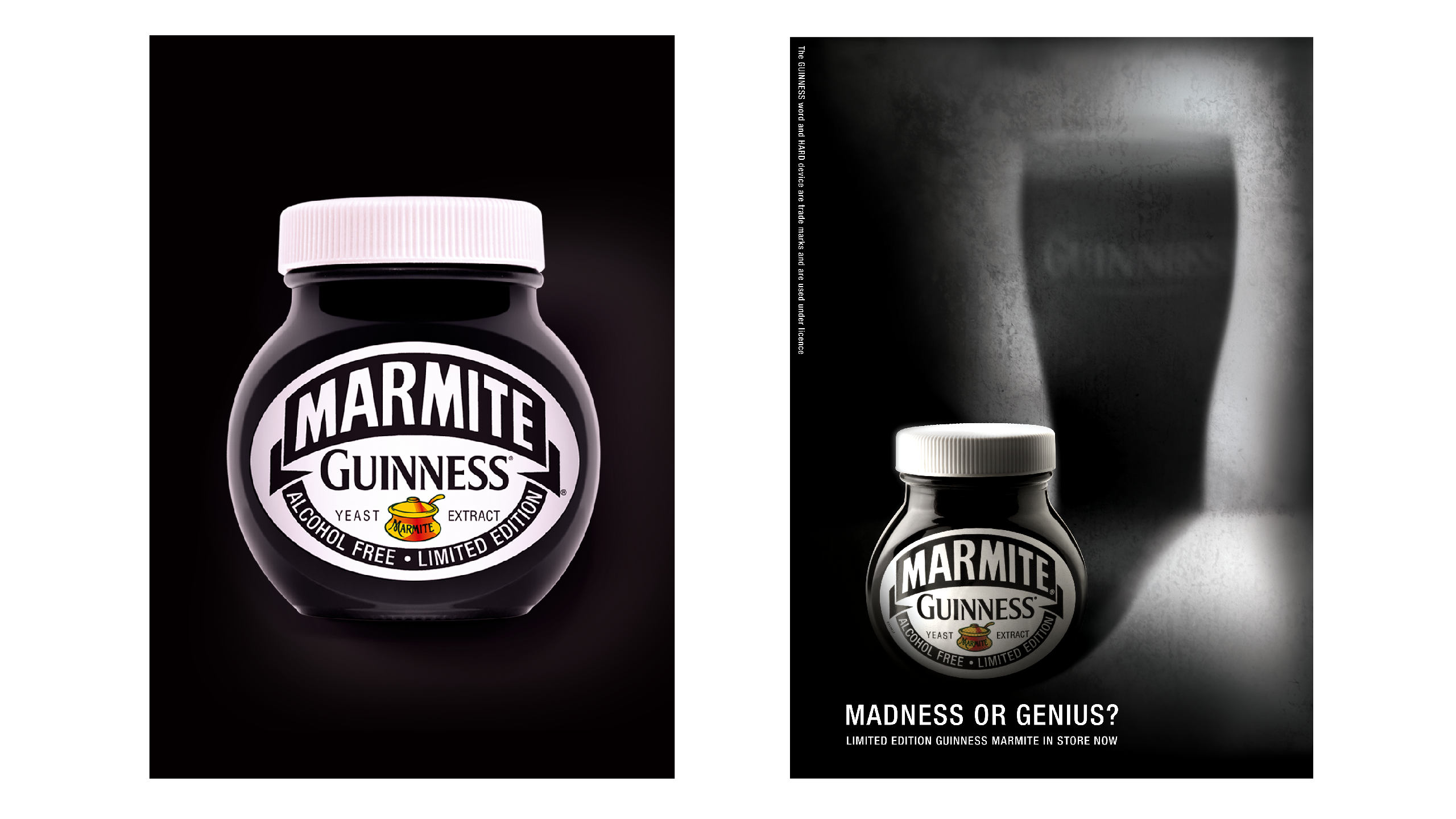 Limited edition Marmite Guinness jar on a black background, next to a print ad with the line “Madness or genius?” where the jar casts a shadow shaped like a pint of Guinness.