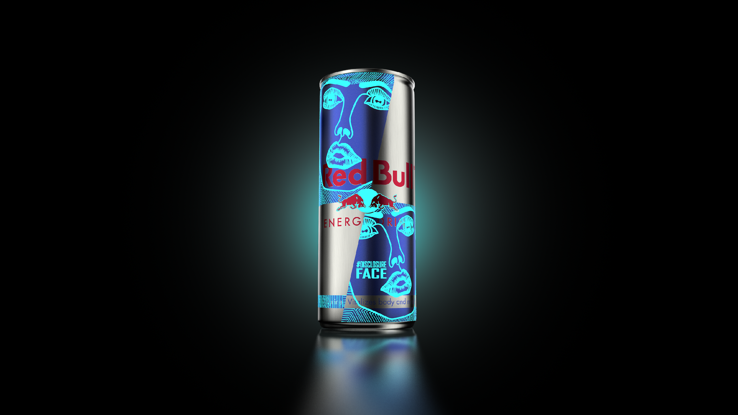 Red Bull can redesigned for its collaboration with the electronic duo Disclosure, covered in their blue line-drawn face artwork and glowing against a dark background.
