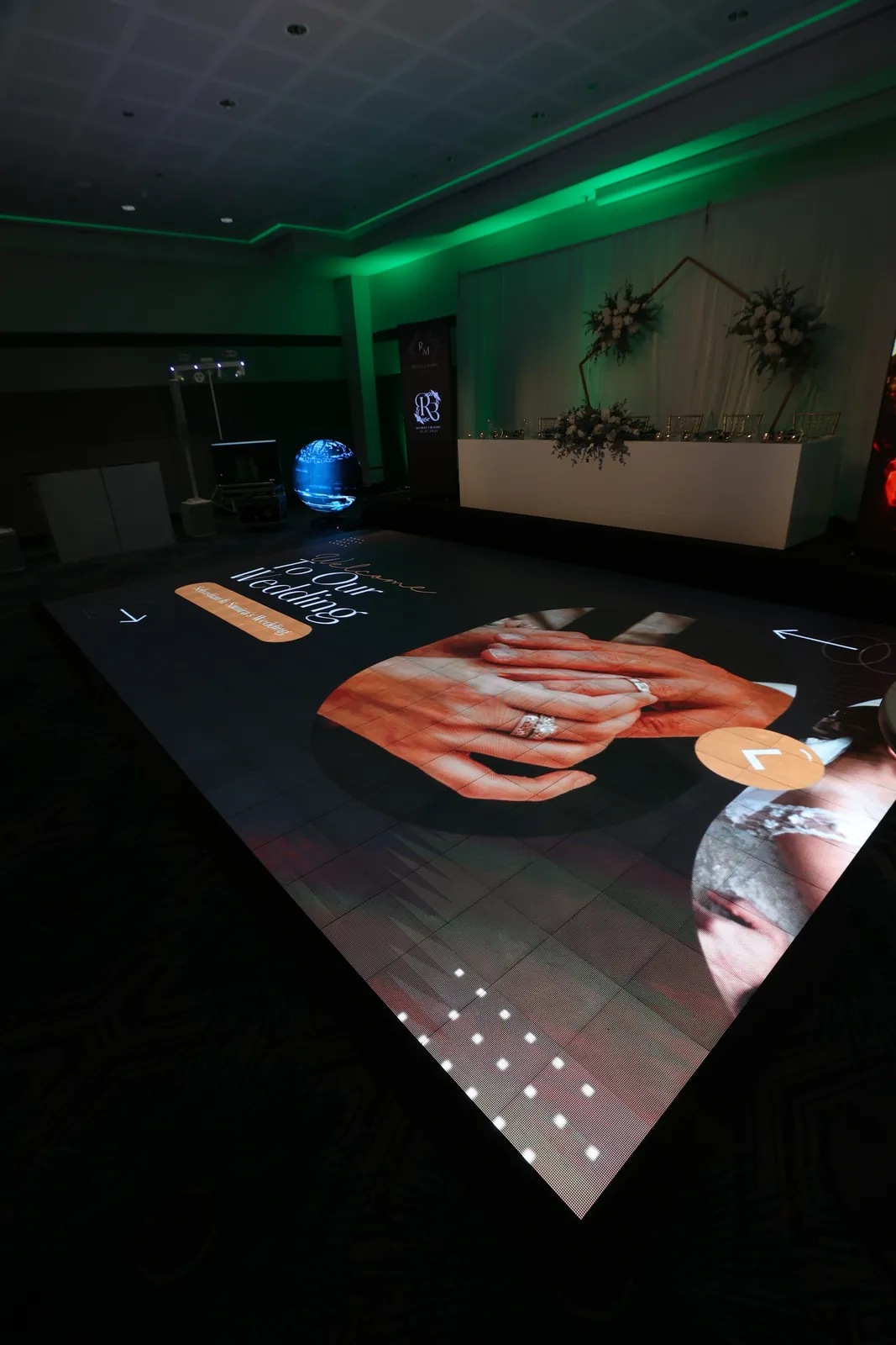 Stomp interactive LED dance floor at Rendezvous Hotel Scarborough showing custom wedding names for Sebastian & Samira