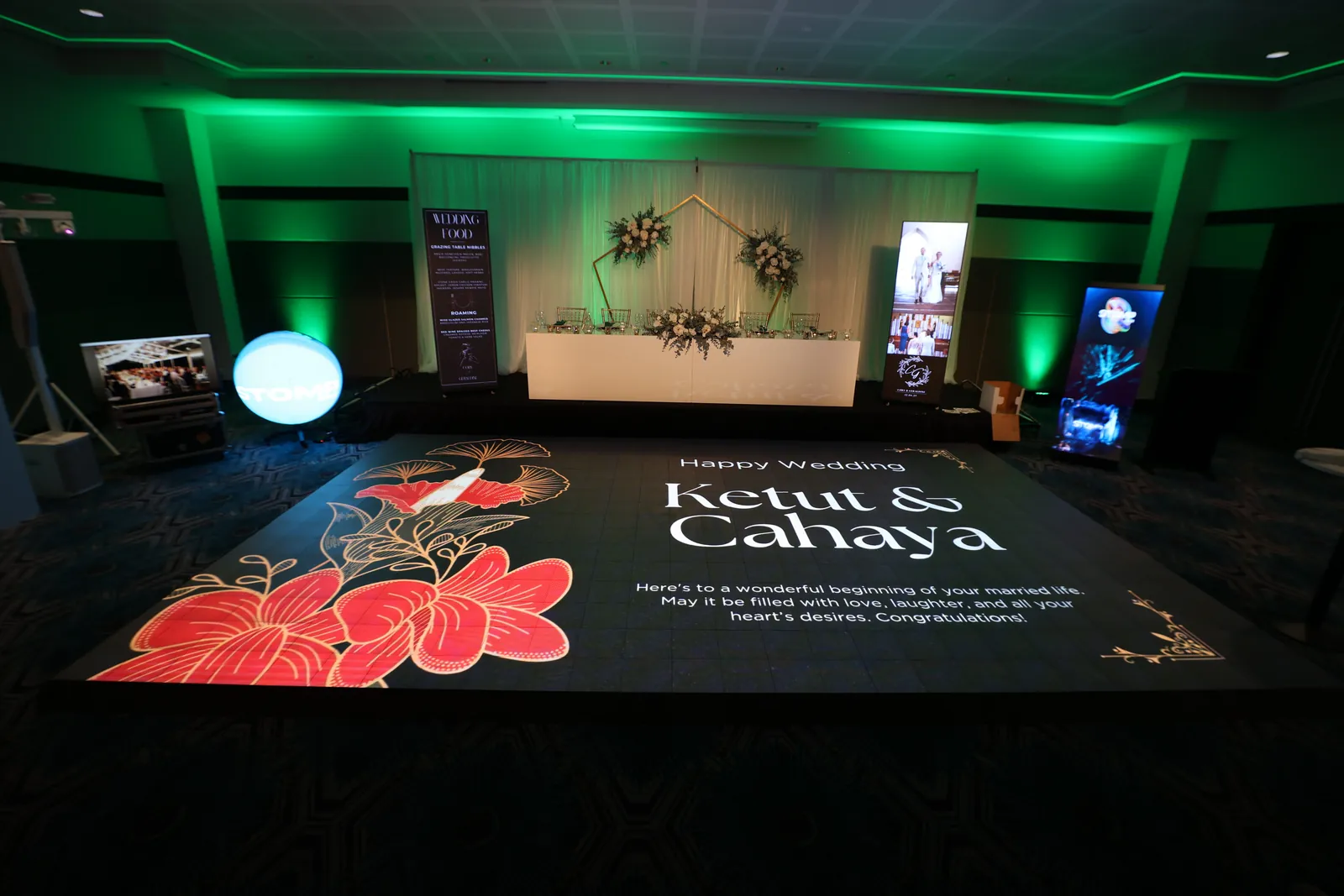 Stomp interactive LED dance floor at Rendezvous Hotel Scarborough showing custom wedding names for Ketut & Cahaya