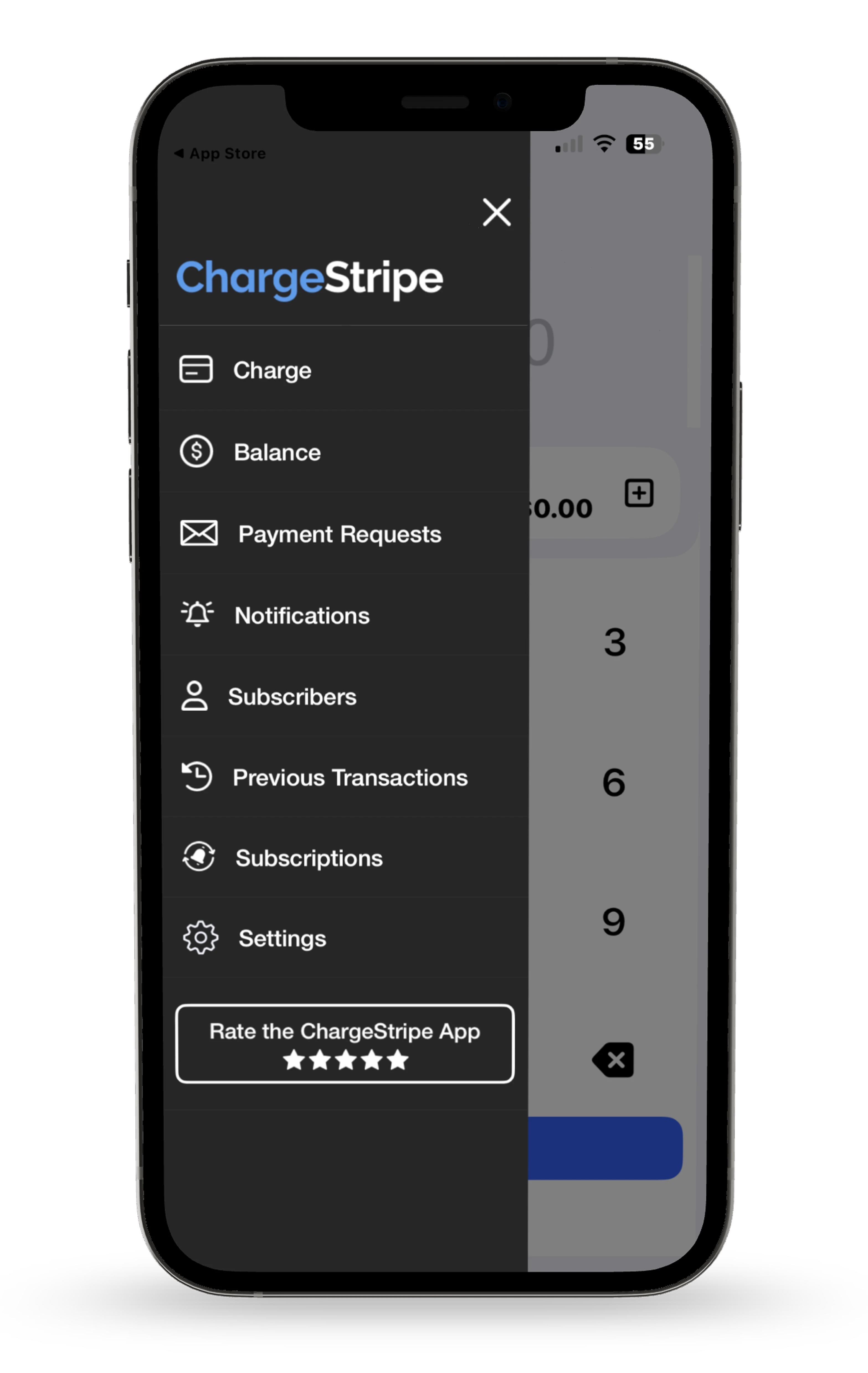 Mobile menu of ChargeStripe app showing options like Charge, Balance, Payment Requests, Notifications, and Settings.