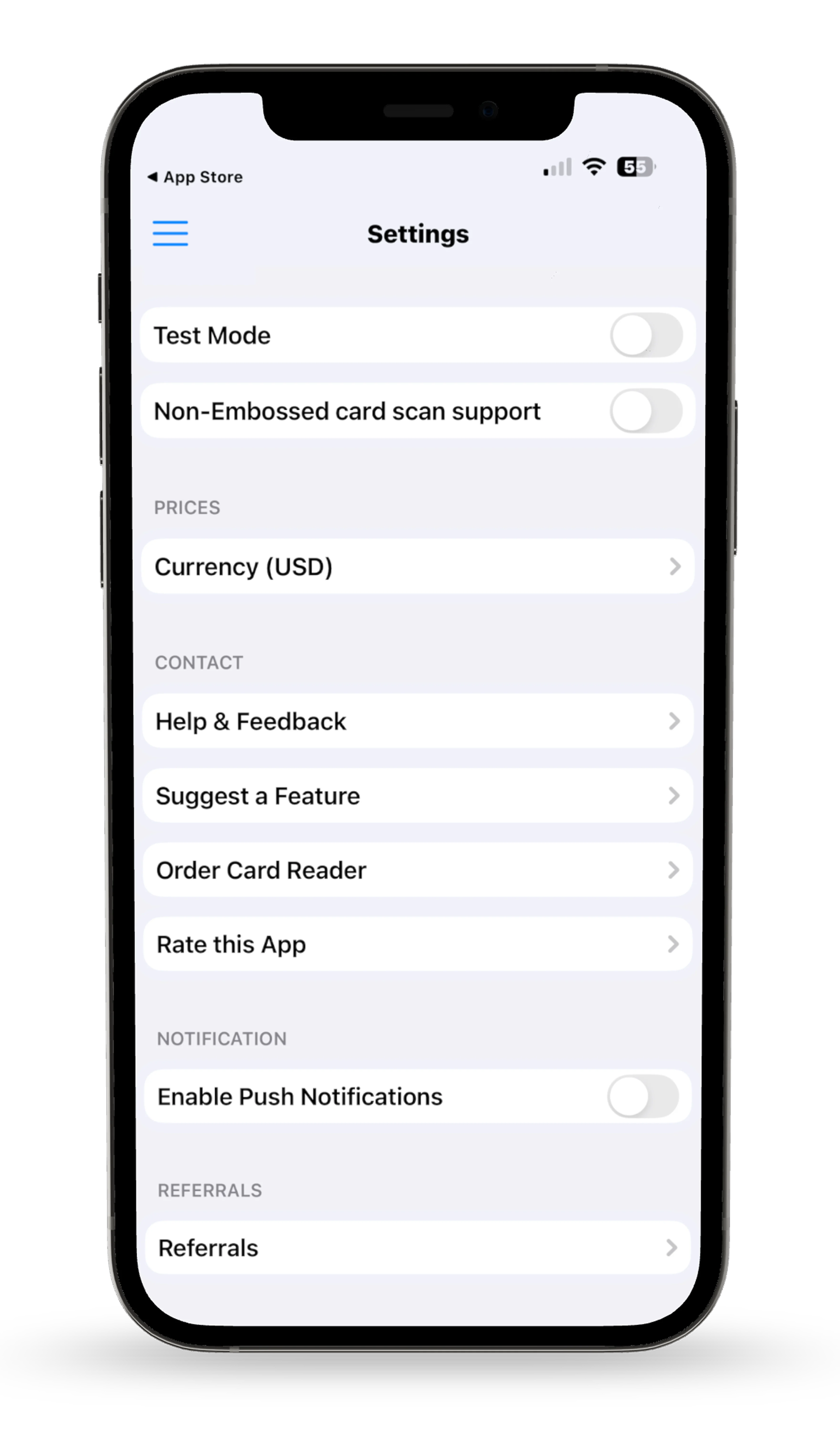 Mobile app settings with toggles for test mode, card scan, push notifications, and options for currency, help, and referrals.