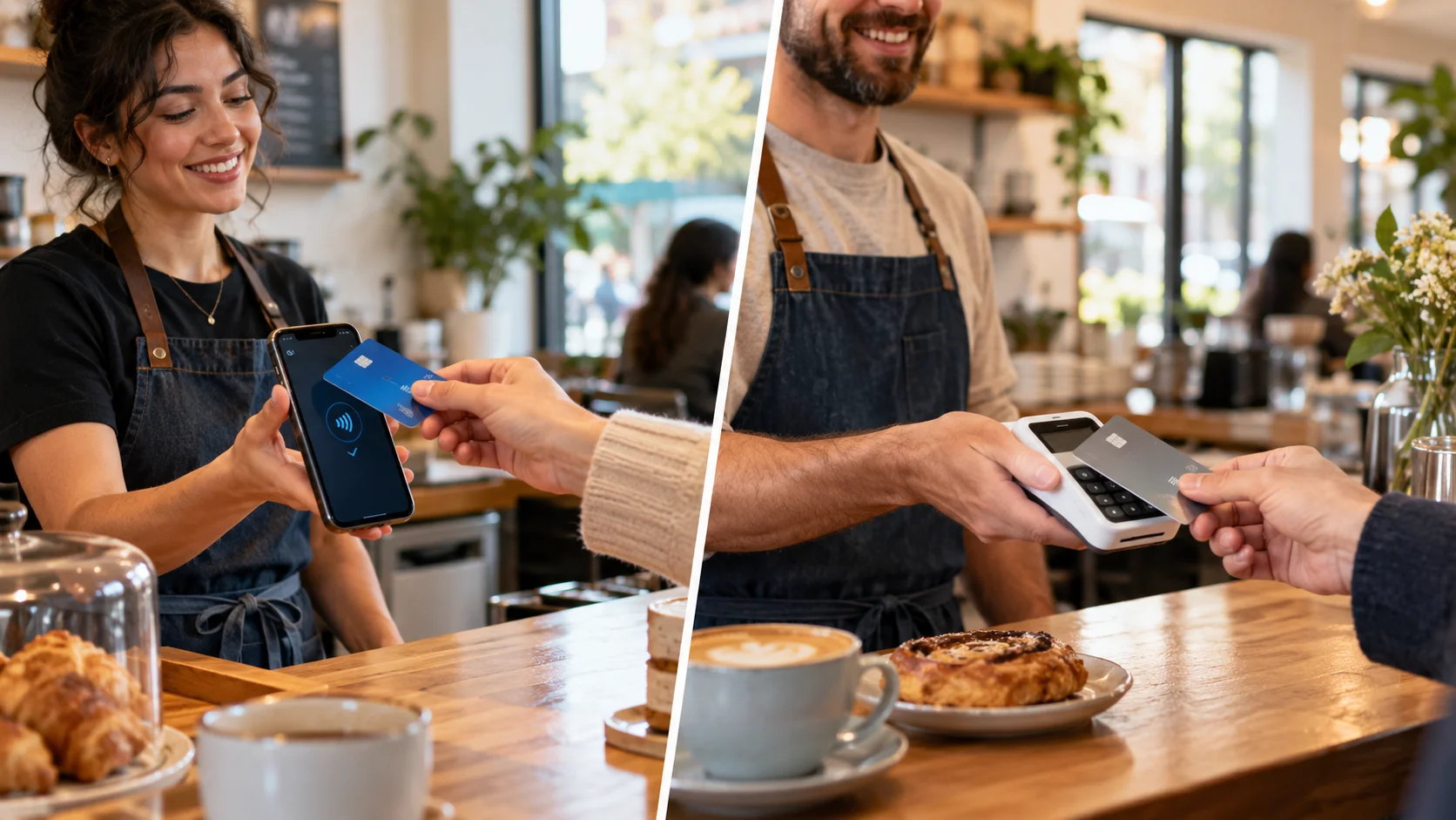 Side-by-side photo: a café customer taps a card on a barista's smartphone using Tap to Pay, and another customer taps a card on a handheld card reader.