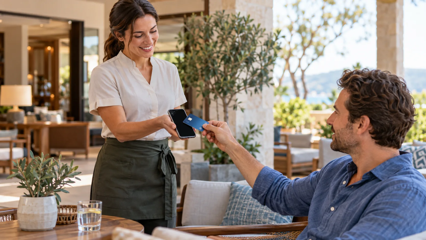 Hotel staff member accepting a contactless card payment on a smartphone from a guest seated on an outdoor terrace.