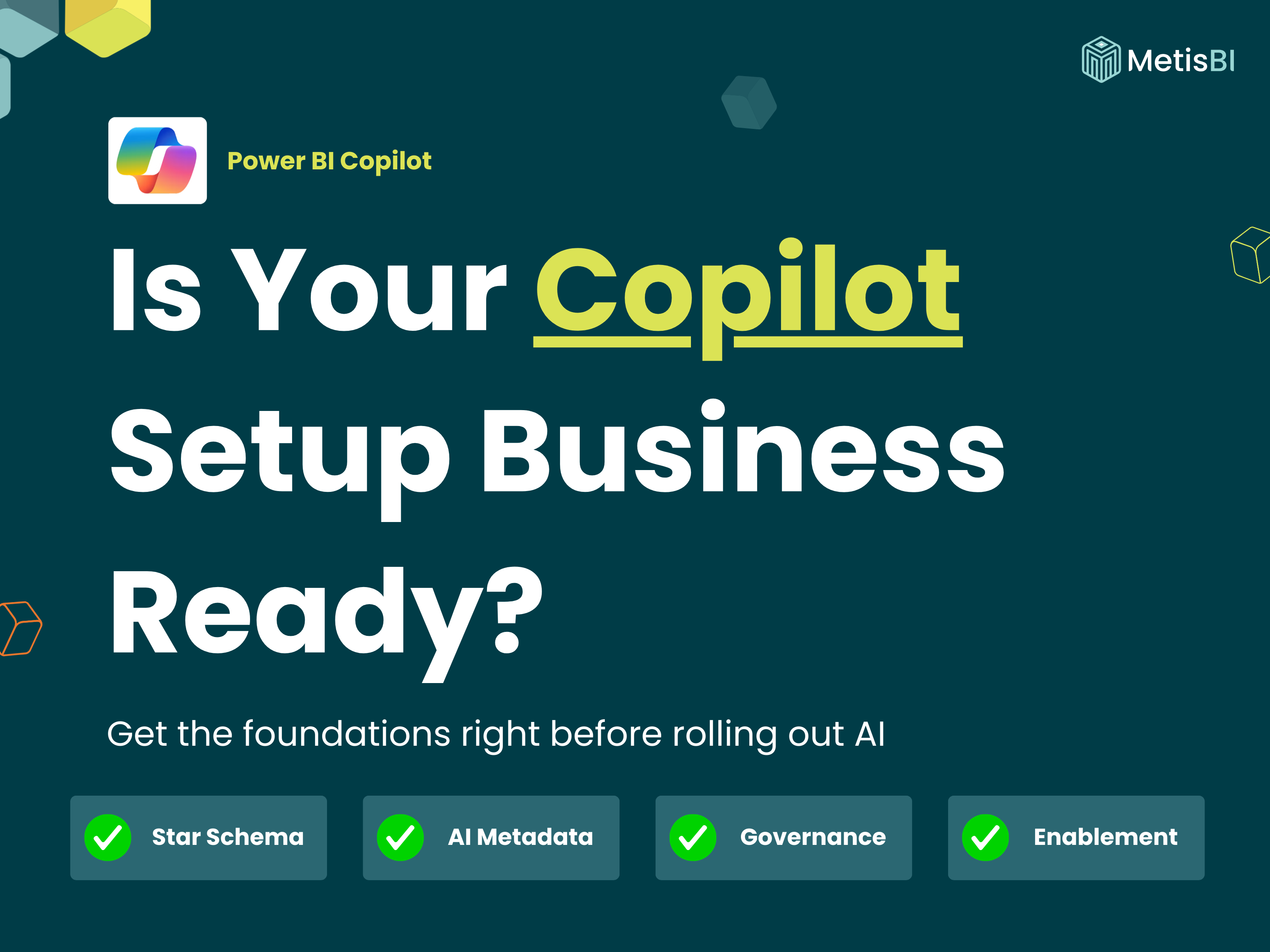 Power BI Copilot readiness assessment showing star schema, AI metadata, and governance status indicators