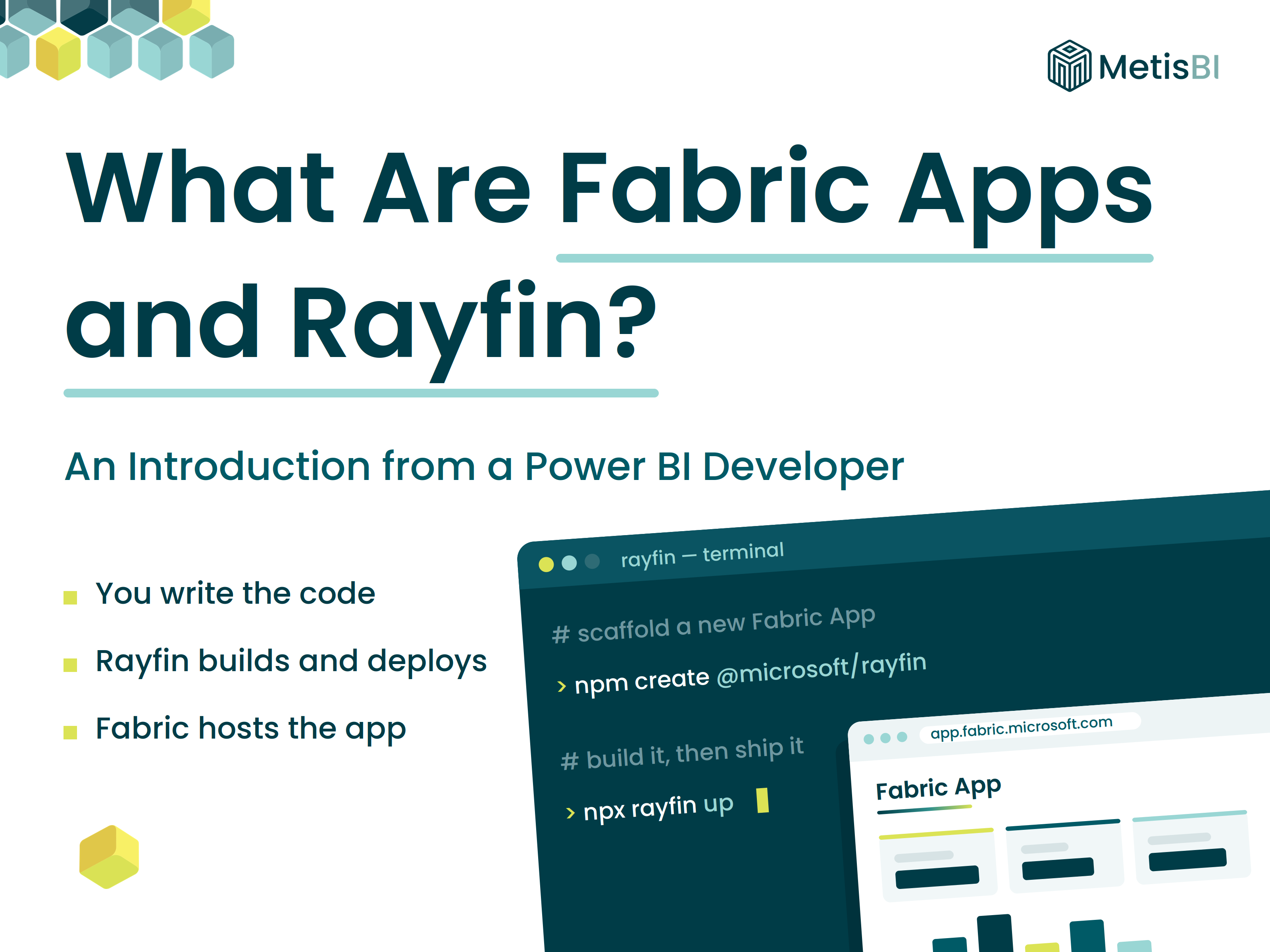 Terminal running Rayfin CLI commands next to a deployed Microsoft Fabric App dashboard, illustrating how a Fabric App is built and hosted.
