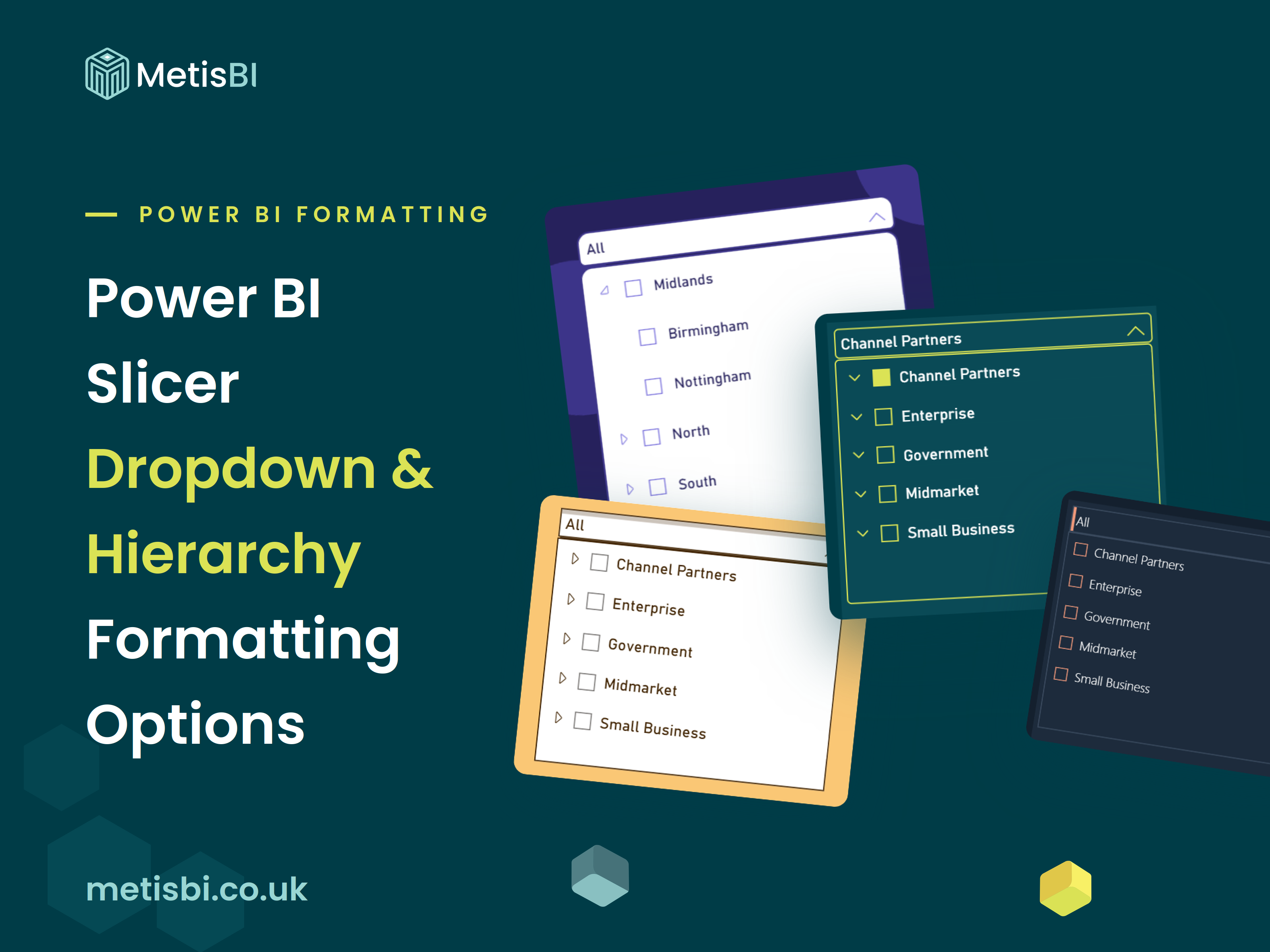 Four styled Power BI dropdown slicers in violet, amber, teal and navy, next to the title Power BI Slicer Dropdown and Hierarchy Formatting Options