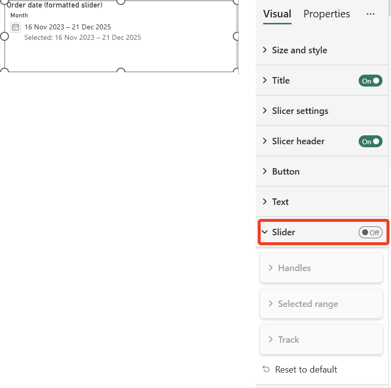 A Date Picker slicer with no slider, showing only the date range, next to the Format pane with the Slider toggle off